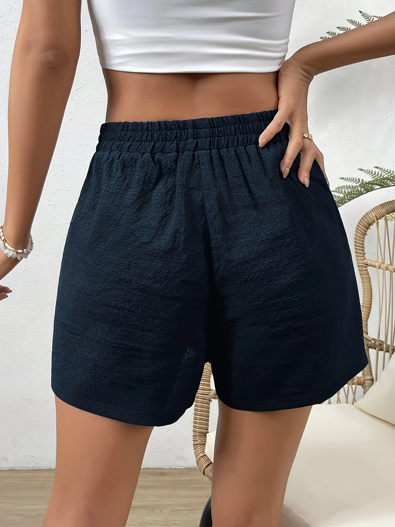 Women's Casual Solid Color Navy Blue Knot Waist Shorts - Elastic Waistband, Drawstring Tie, Lightweight Fabric, Perfect for Spring/Summer/Fall, Beachwear Essentials, Knotted Waiststyle, No Stretch Material