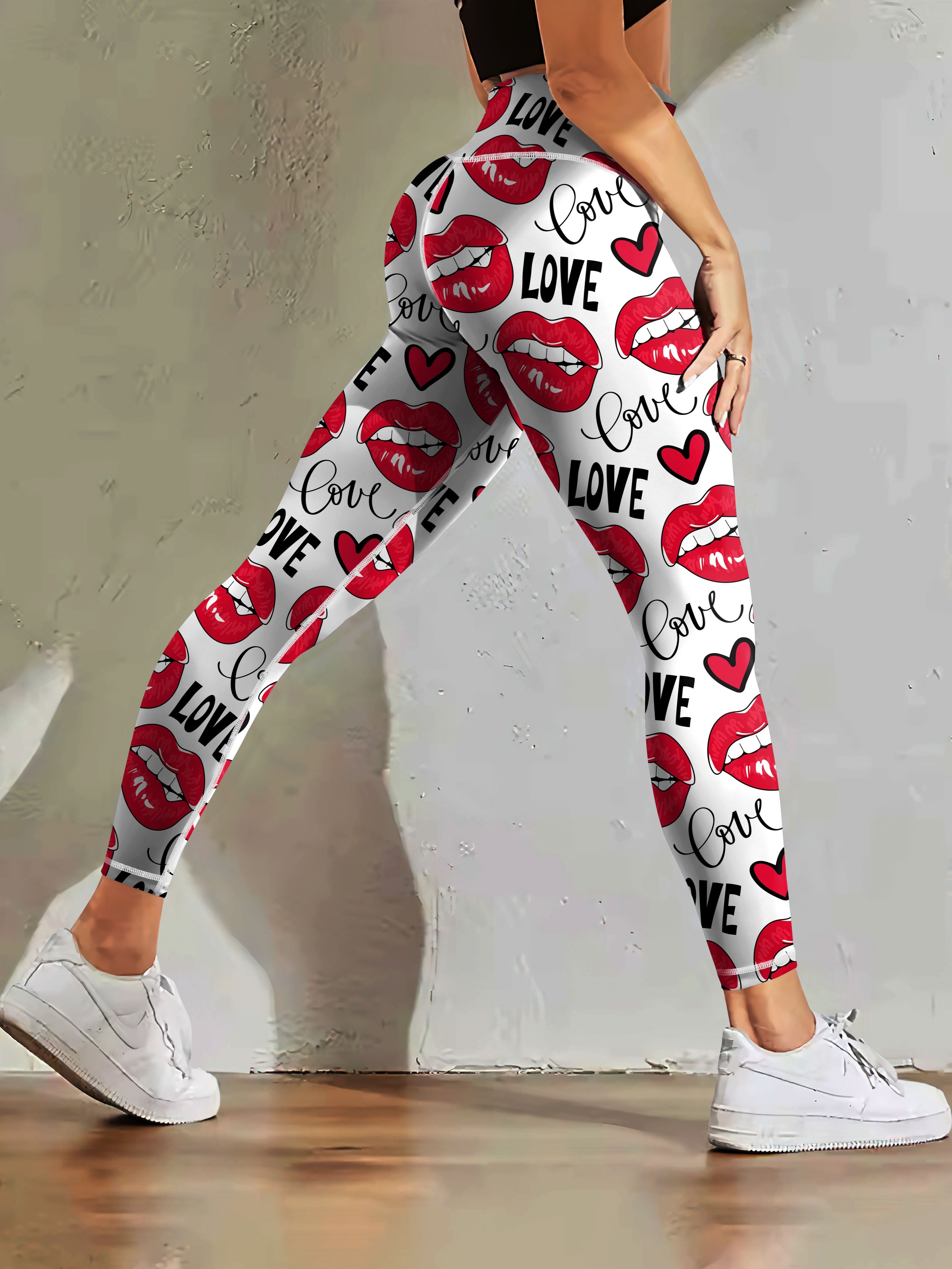 Pantalon de yoga et de fitness pour femme, imprimé LOVE à lèvres, taille  haute, leggings d'entraînement, élasticité pour le lifting des fesses et le 