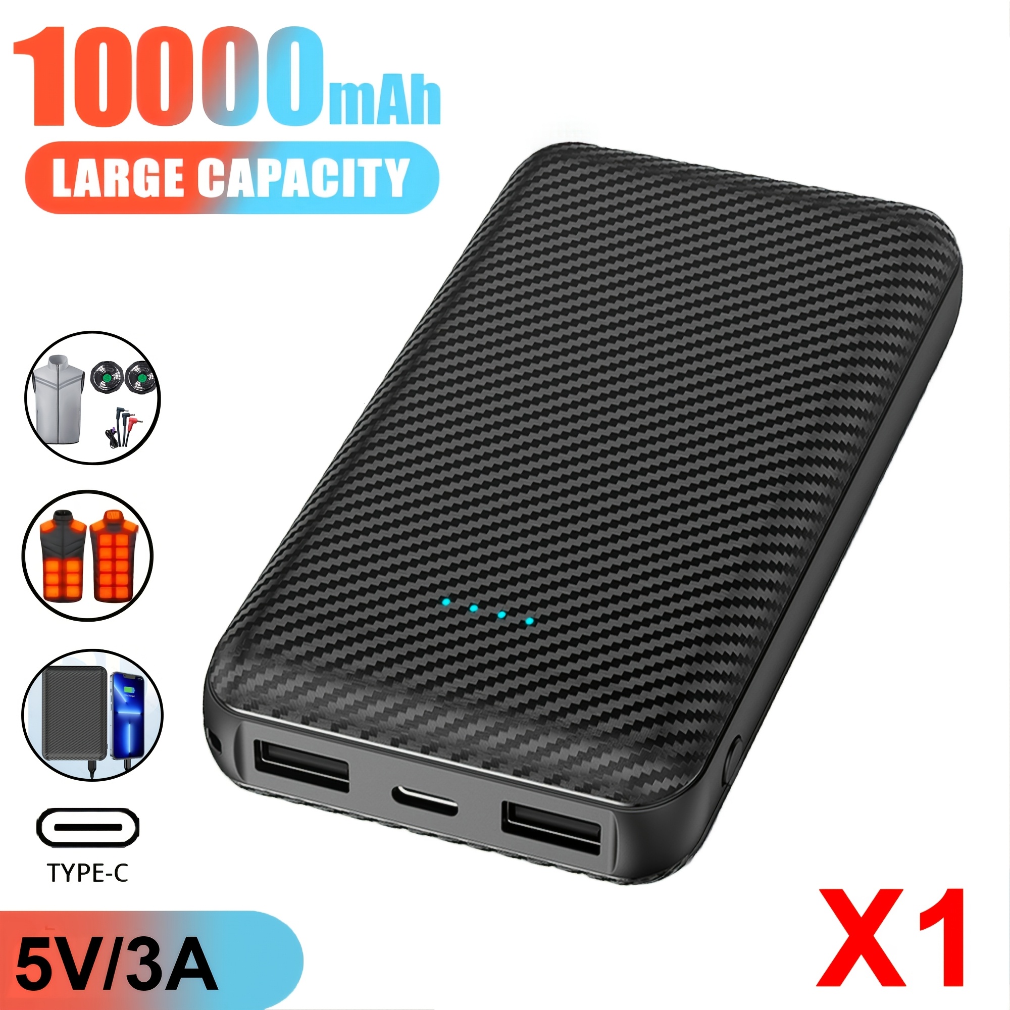 TEMU 10000mah Power Bank Portable Charger External Battery Pack For Air-conditioned Clothing Heating Vest Jacket Scarf Socks Gloves Electric Heating
