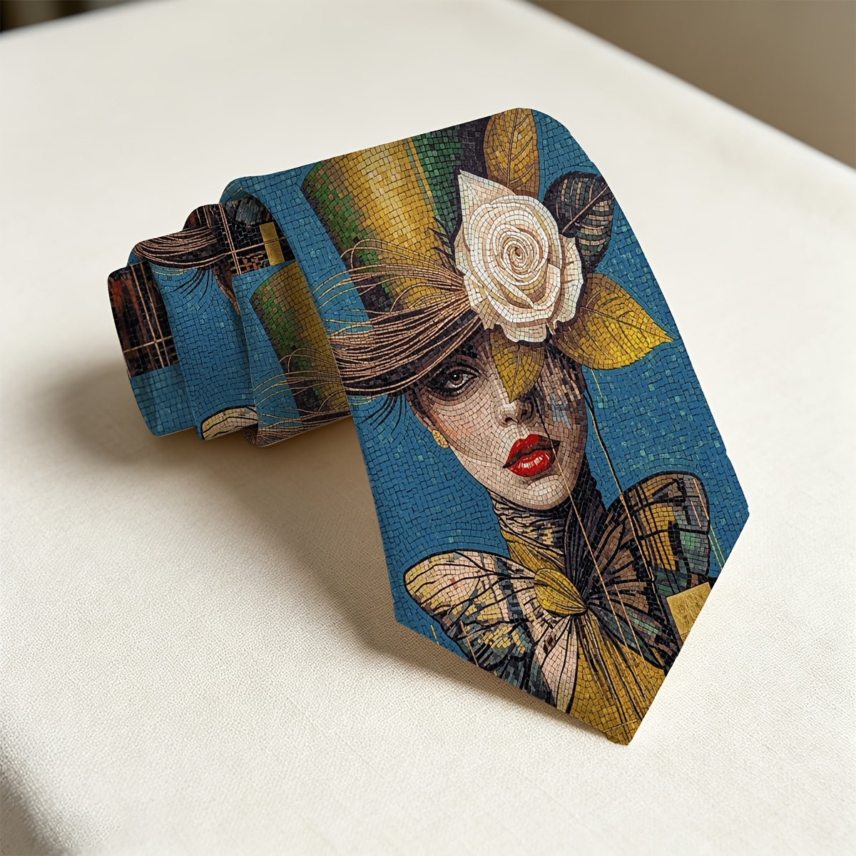 TEMU 1 pièce - Cravate pour homme avec motif femme à chapeau haut à fleurs et nœud papillon, impression 2D à plat, pour , décontractées et vintage,