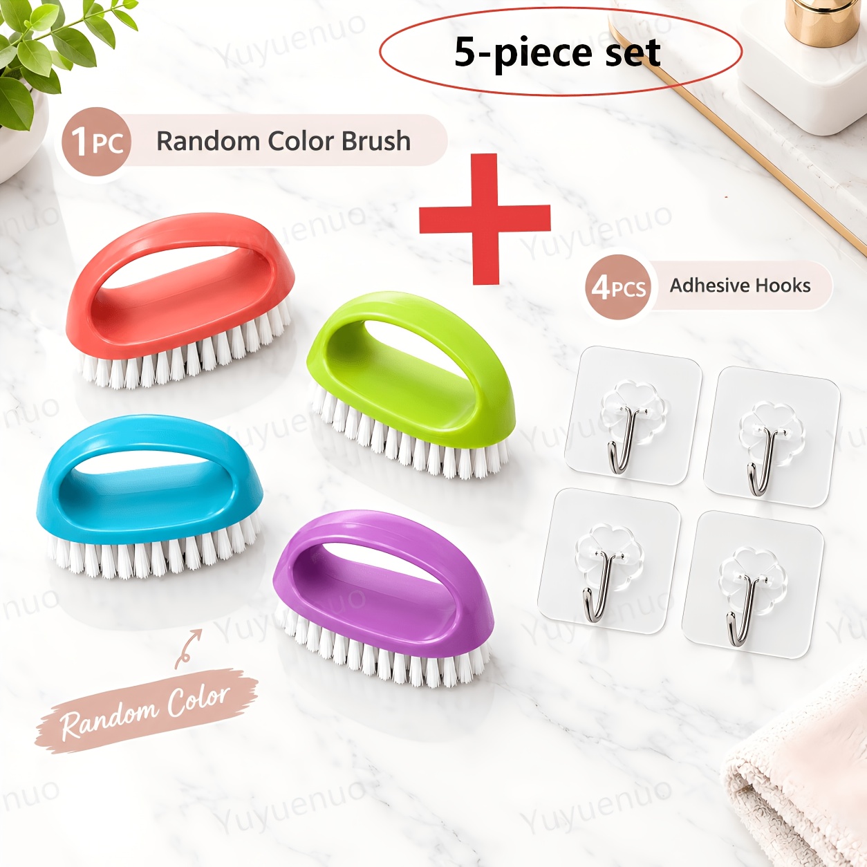 TEMU 5pcs Set (1 Brush In Random Color + 4 Hooks) Heavy-duty Nail Polish Applicator Brushes With Stiff Bristles | Cleans Hands, Feet, Toenails And