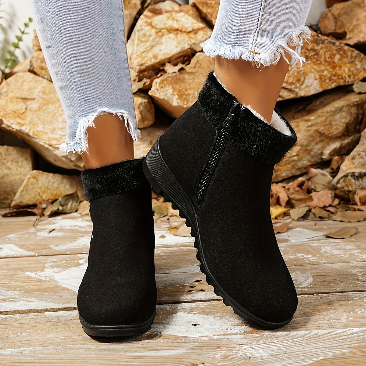 a pair of black casual versatile moms faux fur british style 2025 autumn winter boots ins trendy zipper flat short ankle shoes seasonal fashion cold   stylish ankle boots trendy boots cozy footwear soft fabric lining chunky heel boots womens boots winter wardrobe stylish moms 6