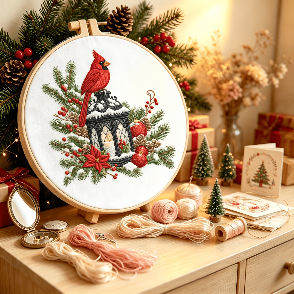 TEMU [Produit] Kit de broderie sur le thème de Noël, Kit de broderie fait main, Le motif présente un cardinal rouge perché sur une lanterne en fer