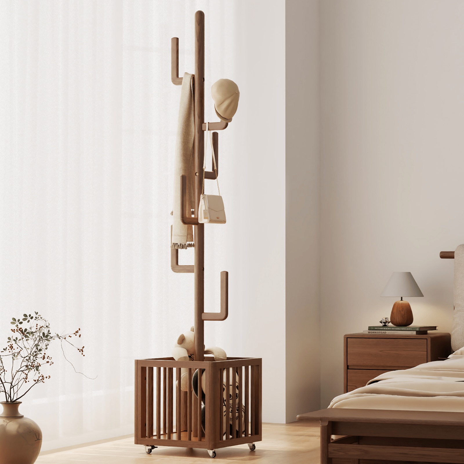 Solid Wood Coat Rack Stand Hanging Clothes Rack with Storage Basket Storage Function Home Decor Free Shipping
