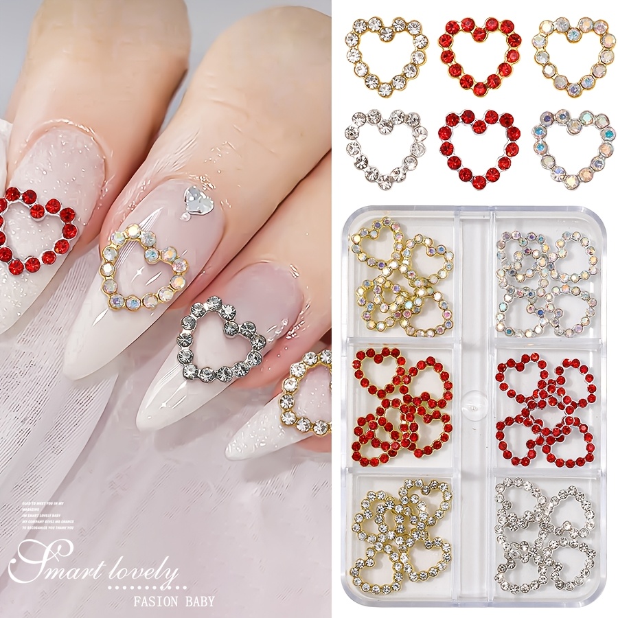 

30pcs 3d Heart Nail Art Charms - Golden & Silvery Alloy With Crystal Rhinestones In Red, White, Pink | Unscented Hollow Nail Jewelry For Valentine's Day Gifts