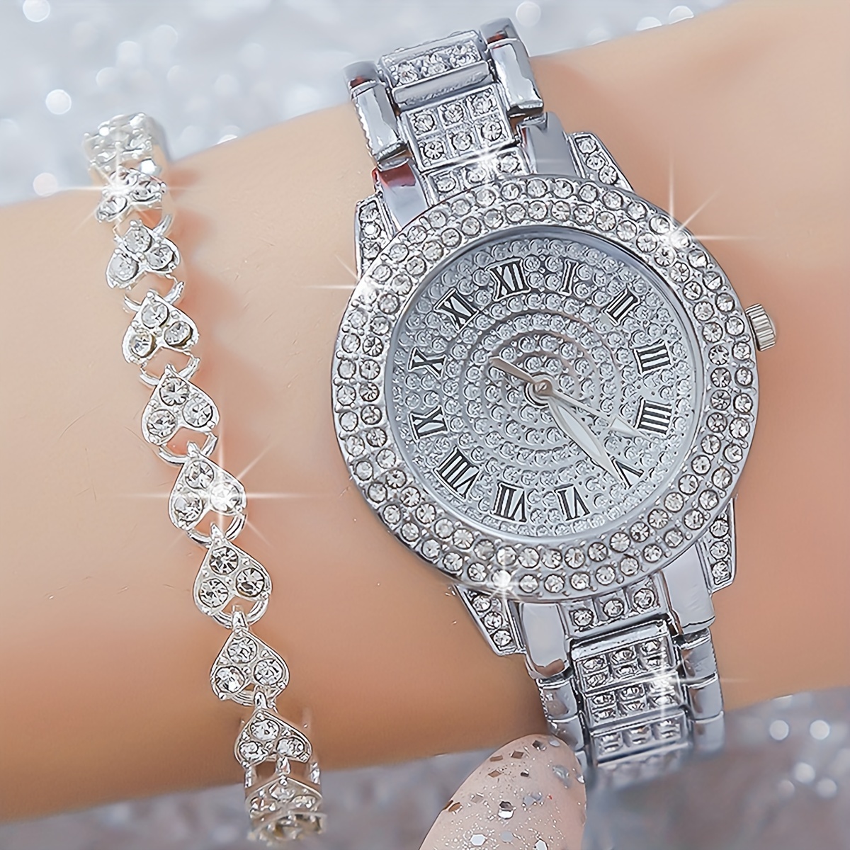 

2pcs/set Montre À Quartz De Luxe Pour Femmes Avec Strass Brillants, Montre Analogique De Mode Et Bracelet, Cadeau Pour Maman