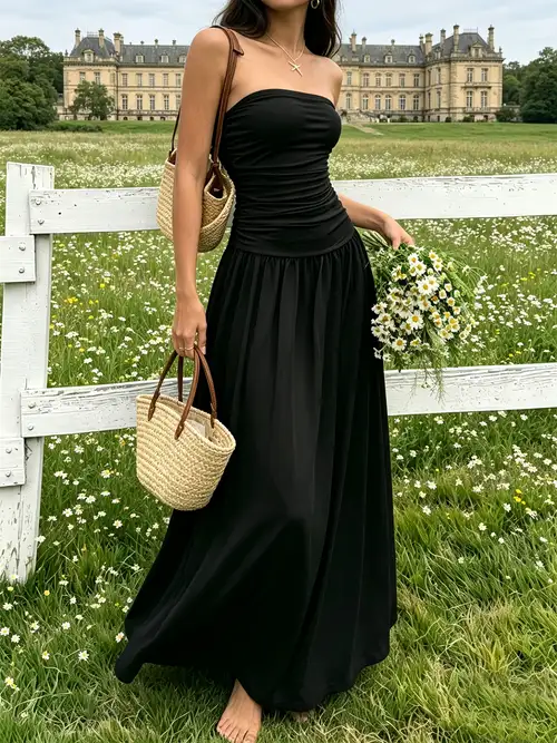 black spaghetti strap dress casual SBYOJLPB Womens Spaghetti Strap Dress Casual Smocked Flowy Tiered Summer Dresses Swing A Line Midi Dress Sundress Black 10(XL)