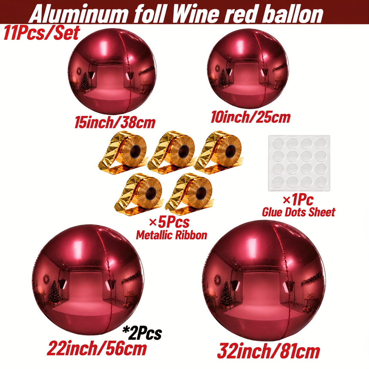 TEMU Photography Props 11pcs Set, Wine Red 4d Gift Balloons, Includes Metallic Ribbons With Adhesive Dots, Reusable Disco Balls, Suitable For