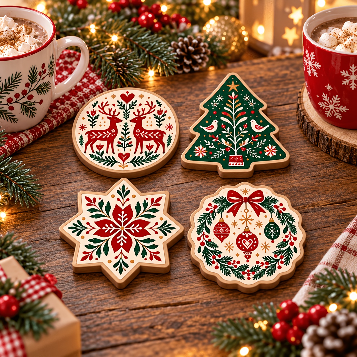 TEMU Christmas Wooden Coaster 4pcs Set, Retro Nordic Folk Style Christmas Tree, Reindeer, Snowflake Floral And Christmas Wreath Patterns, Holiday