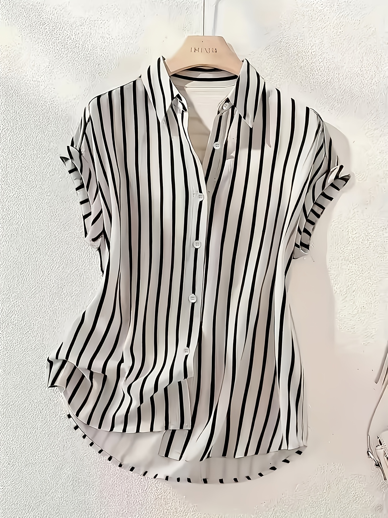elegant womens striped single breasted   collar drop shoulder short sleeve shirt