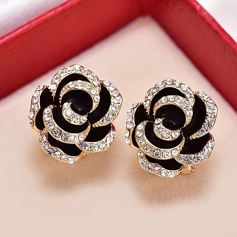 TEMU 2pcs Black Camellia Flower Stud Earrings For Women, Elegant Versatile Rose Flower Ear Jewelry
