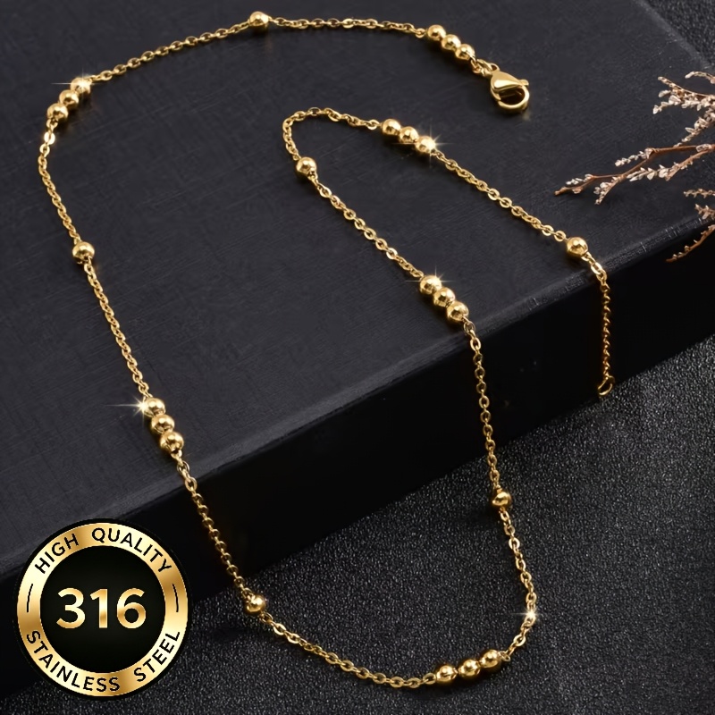 TEMU A 316l Stainless Steel Golden Bead Chain Necklace - A Versatile And Elegant Piece Of Jewelry For Men And Women, Suitable For Daily Wear And