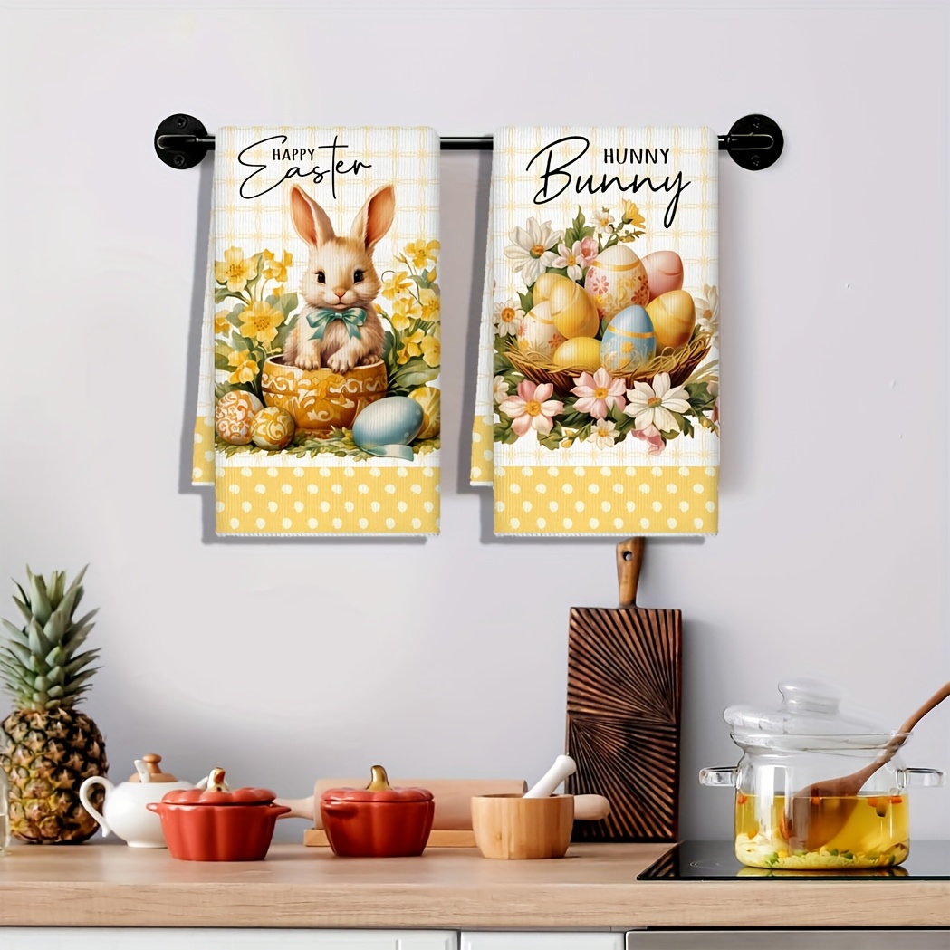 E-shop 2er-Set Ultra Weiche -Küchentücher - Buntes Polka-Dot-Häschen-Design, Bauernhaus-Stil, Maschinenwaschbare Polyester-Geschirrtücher für