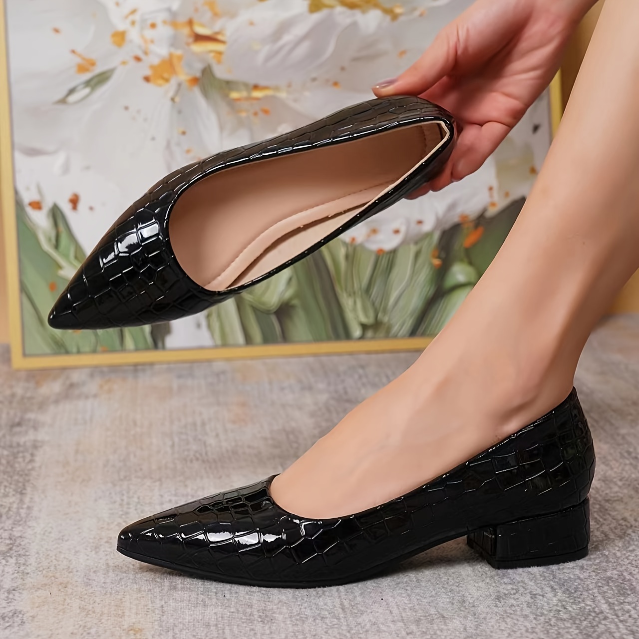 

Women's Elegant Pattern Fabric Pointed Toe Chunky Heel Shallow Mouth Single Shoes, Banquet Single Shoes