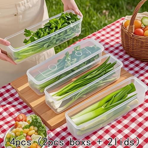 4pcs set of transparent food storage containers with lids food grade pp material fresh keeping boxes suitable for noodles scallions garlic kitchen refrigerator organization storage box 2pcs containers and 2pcs lids