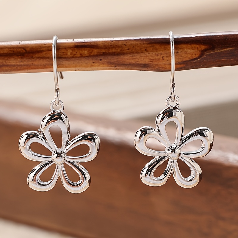 Image of Funky Silvery Color Flower Pendant Earrings. Silvery Plated, Nickel Free, Hypoallergenic.