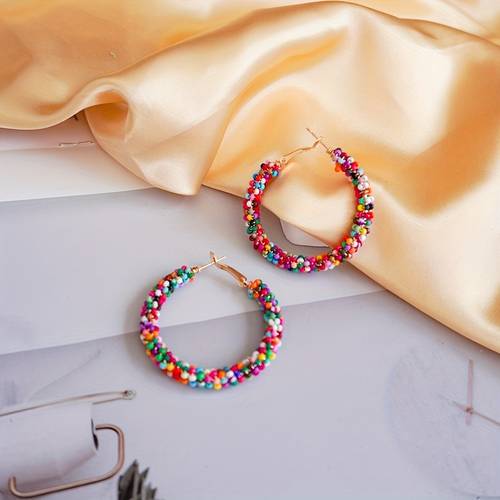 1 pair womens fashion colored rice bead circle earrings bohemian style earrings suitable for daily vacation festive wear gift for self family couple or friends womens additions