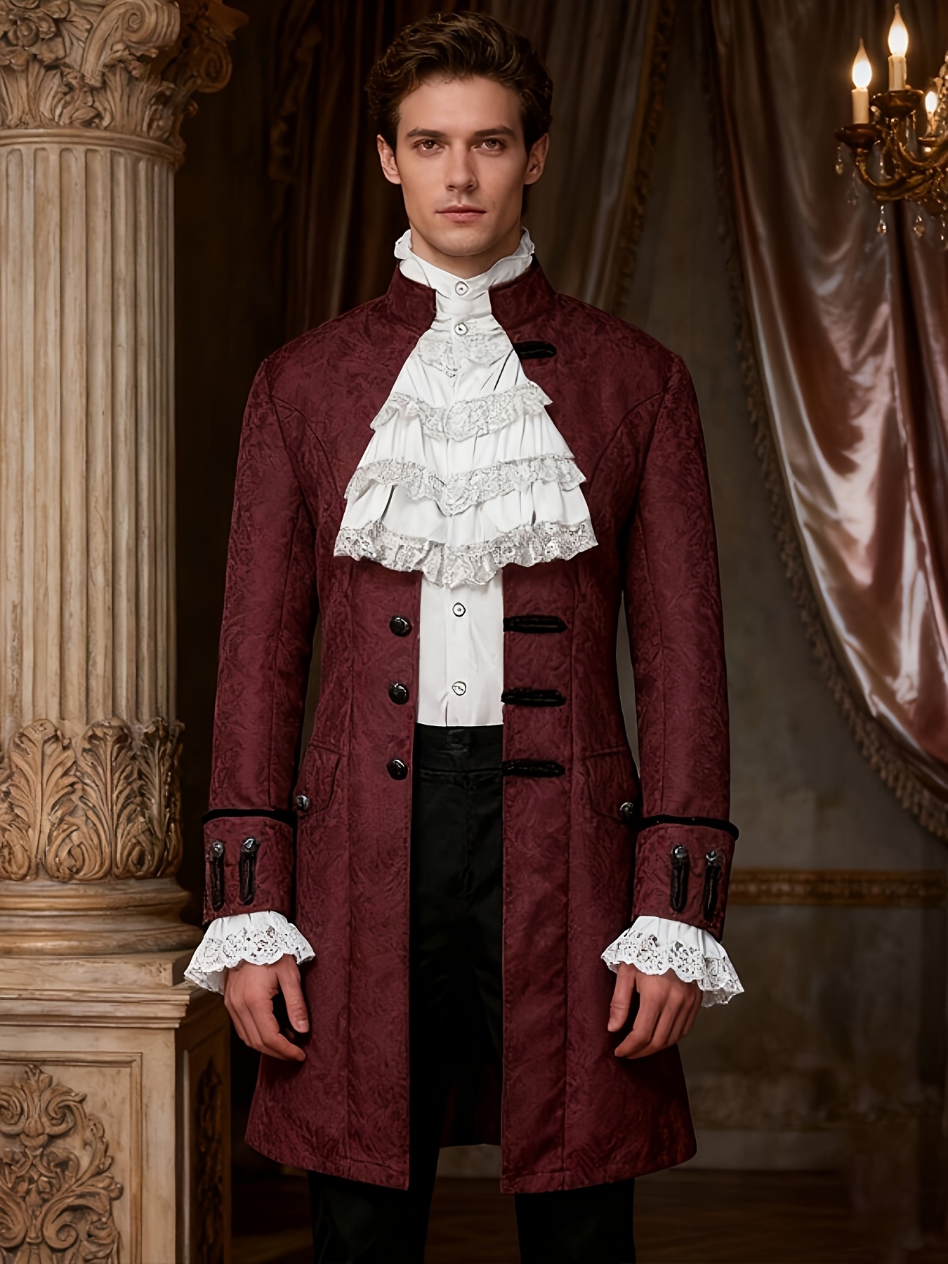 halloween mens dark pattern wine red coat solid   steampunk vintage mens uniform stand collar outfit prince top