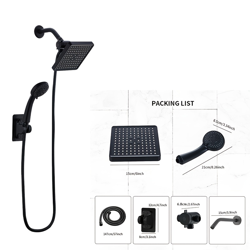 TEMU Shower Shower Head With Handheld Sprayer, 6-inch Shower Head Combo With 57-inch Hose, Adjustable Round Shower Head With 3-way Diverter, No-drill