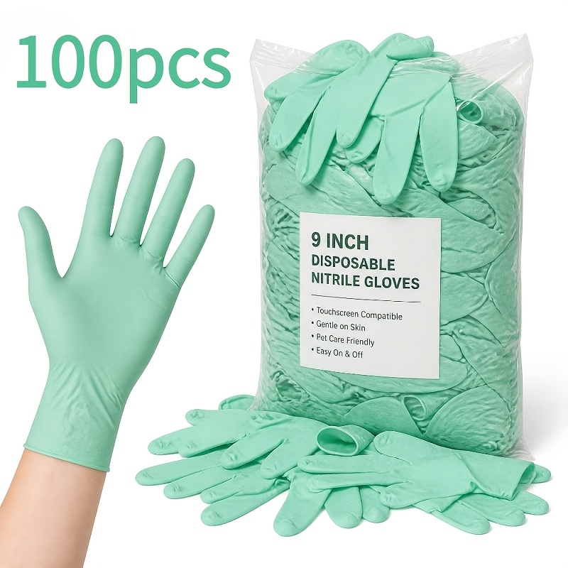 TEMU 50/100pcs Gants jetables en nitrile vert, 4Mil Gants de nettoyage ménagers durables, Taille 9 pouces pour cuisine, salle de bain, nettoyage,