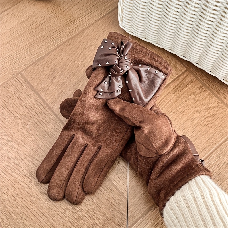 Bow Decor Thermal Gloves, Soft Warm Winter Gloves for Commuting