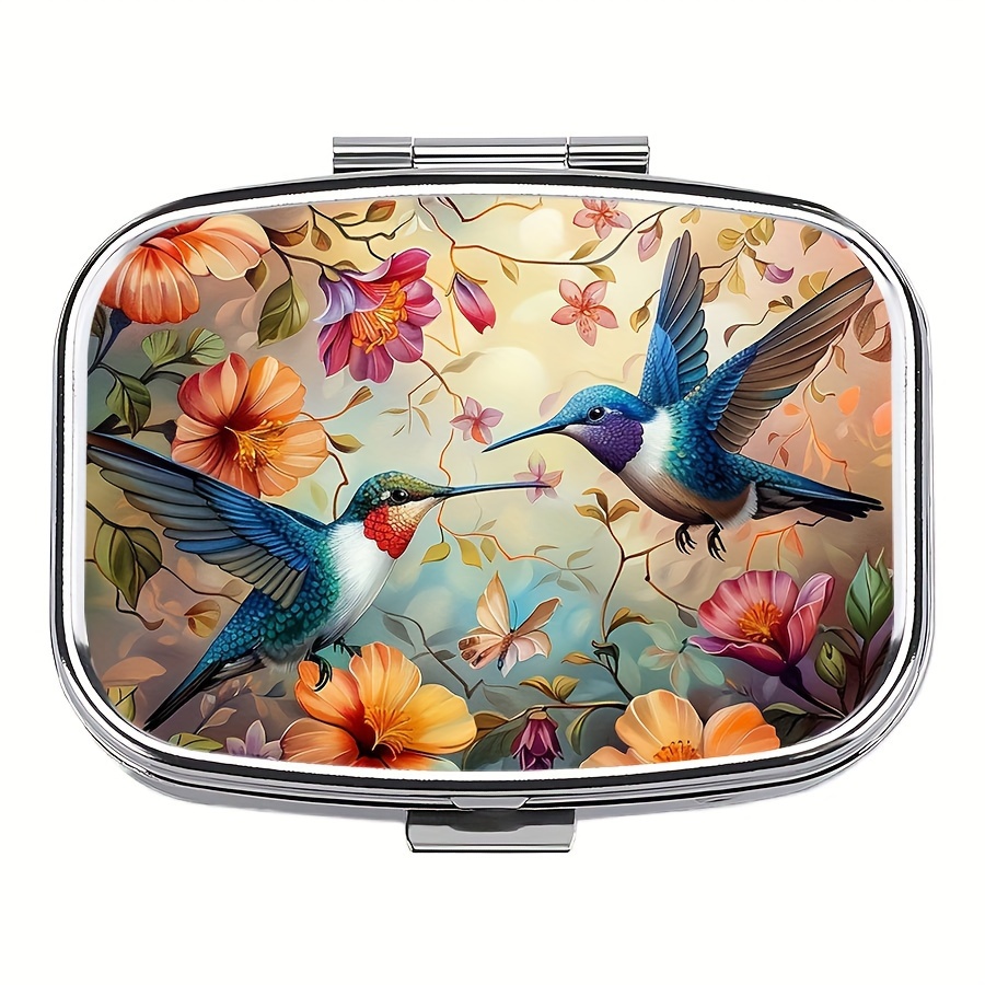 

Hummingbird Floral Pattern 2-compartment Pill Organizer Case, Mini Portable Metal Medicine Box For Travel, Sports, Pocket Or Purse, Multifunctional Jewelry Earring Storage Container