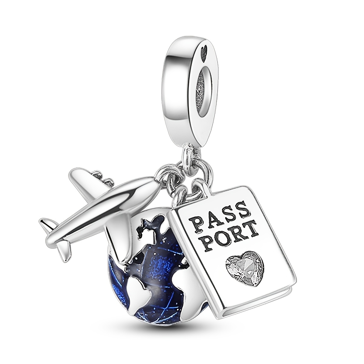 TEMU 1pc Designed Silvery-colored Charm Beads For Women Featuring An Airplane, Passport, And Earth, Suitable For Bracelet And Necklace Creation