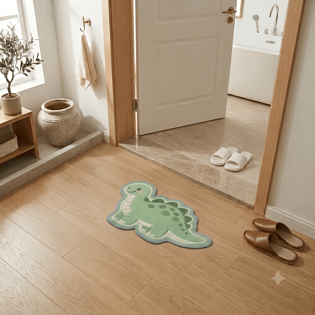 TEMU 1pc Bathroom Non-slip Mat, Soft And Washable Floor Pad With 2d Embroidery, Green Dinosaur Patterned Carpet, Soft And Washable Floor Mat,