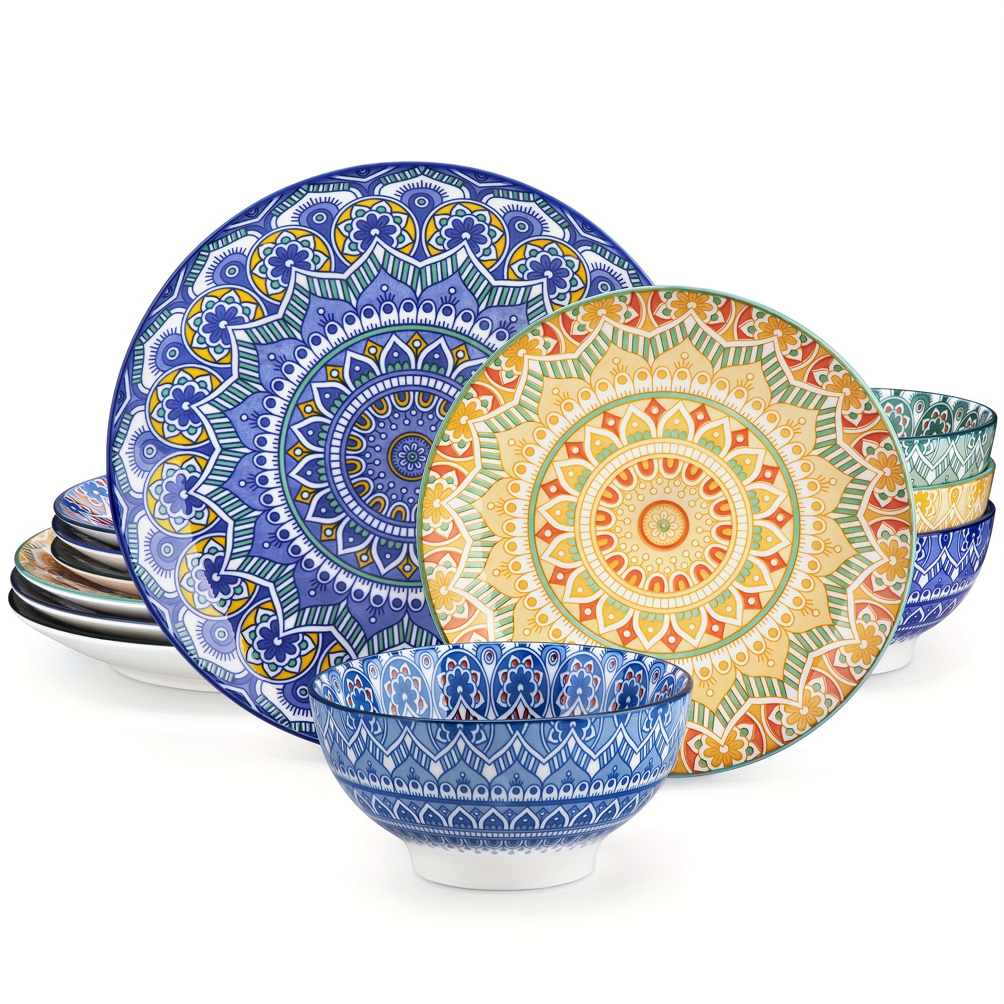 12pcs Dinner Set Colourful Boho Style Porcelain Tableware Plates Set, Bowls And Plates Set, For Home Kitchen Restaurant Hotel, Kitchen Supplies, Tableware Accessories, Service For 4