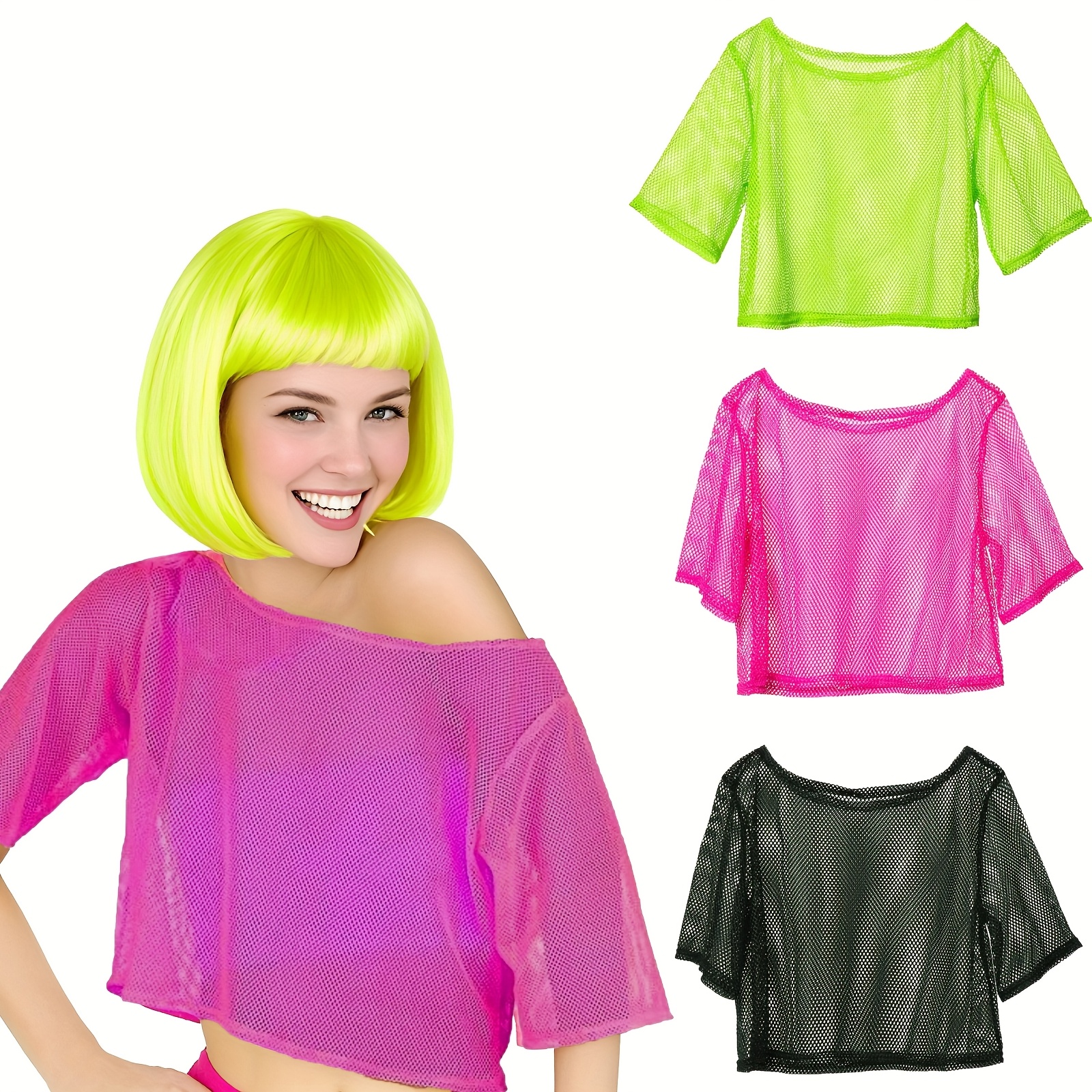 retro 1980s neon mesh shoulder crop top breathable fishnet Temu