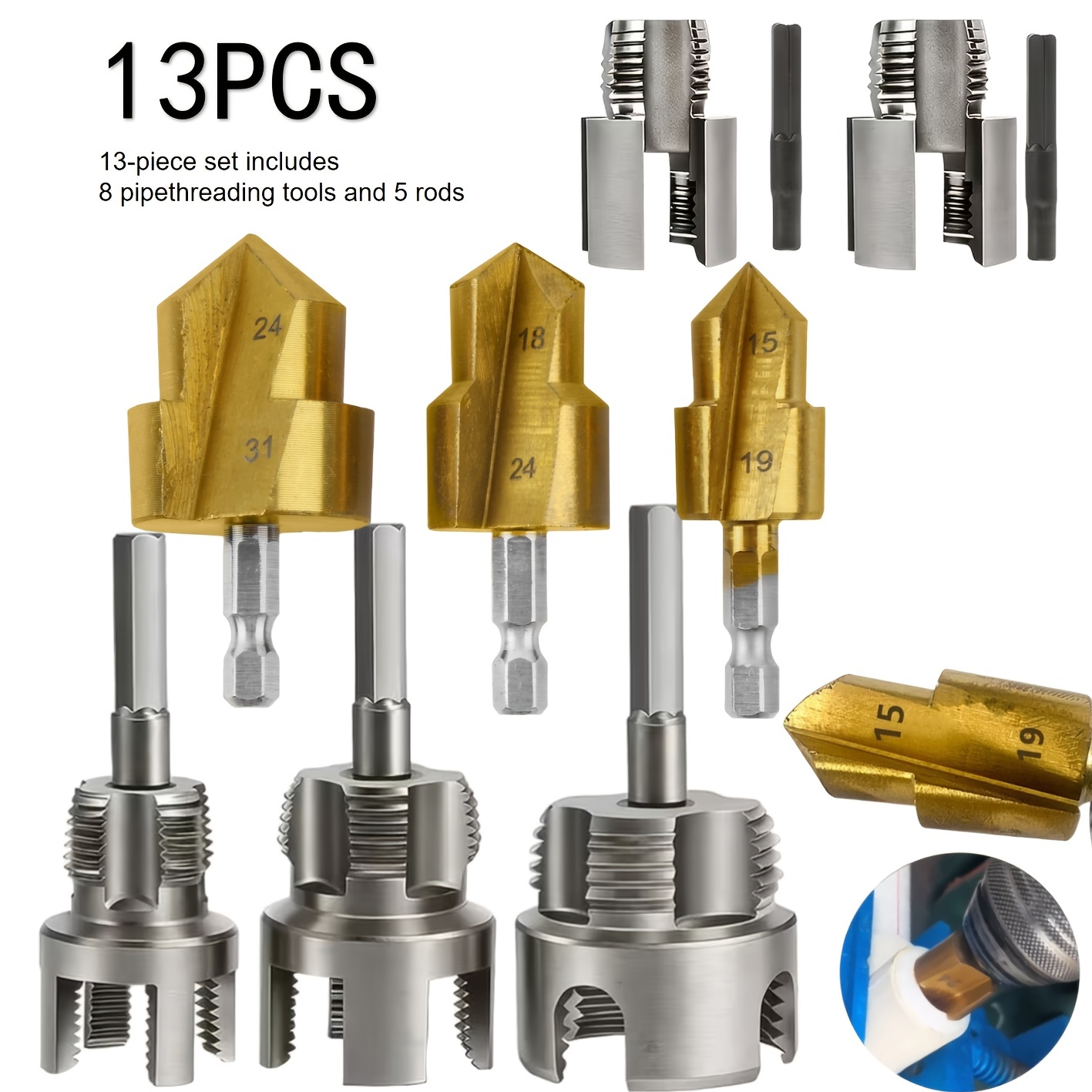 TEMU 13-pcs Heavy-duty Pipe Threading Tool Set With Design/integrated Inside And Outside Pipe Threading Tool – 1/2", 3/4", 1"+4pcs Inside And Outside