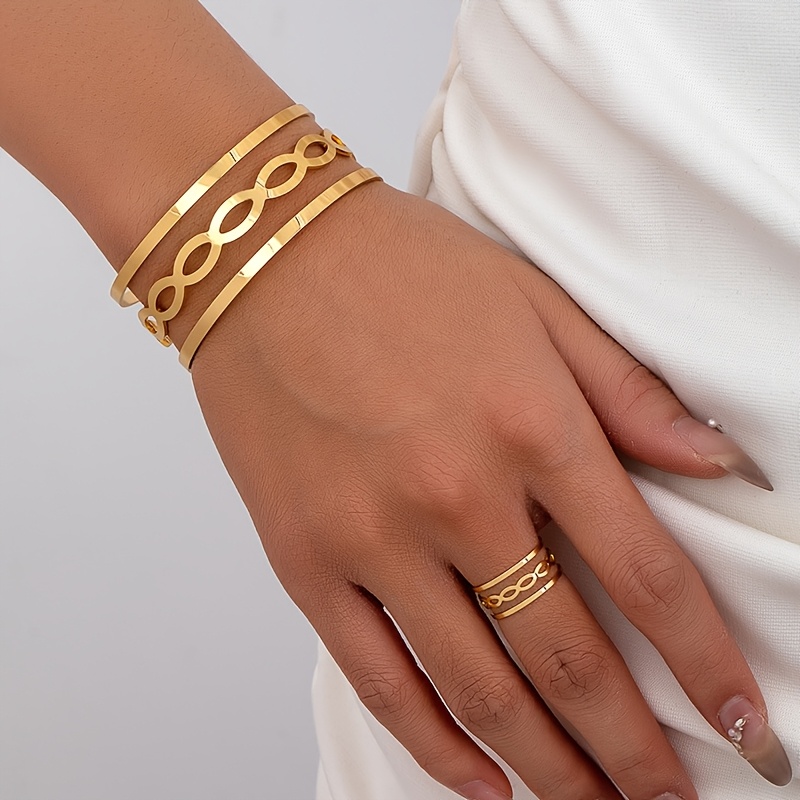 E-shop 2er-Set Minimalistischer Hip-Hop Spiral Hohle Breite Armband Damen Offener Armreif und Ring Set Geeignet für Damen Tägliche Bürokleidung
