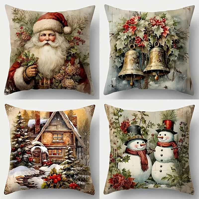 

Ensemble de 4 Housses de Coussin de Noël Festives - Design en Peluche avec Vintage, Père Noël & - pour la Décoration de Canapé et de Chambre, Fermeture Éclair, Lavable en Machine, 17.7x17.7 Pouces