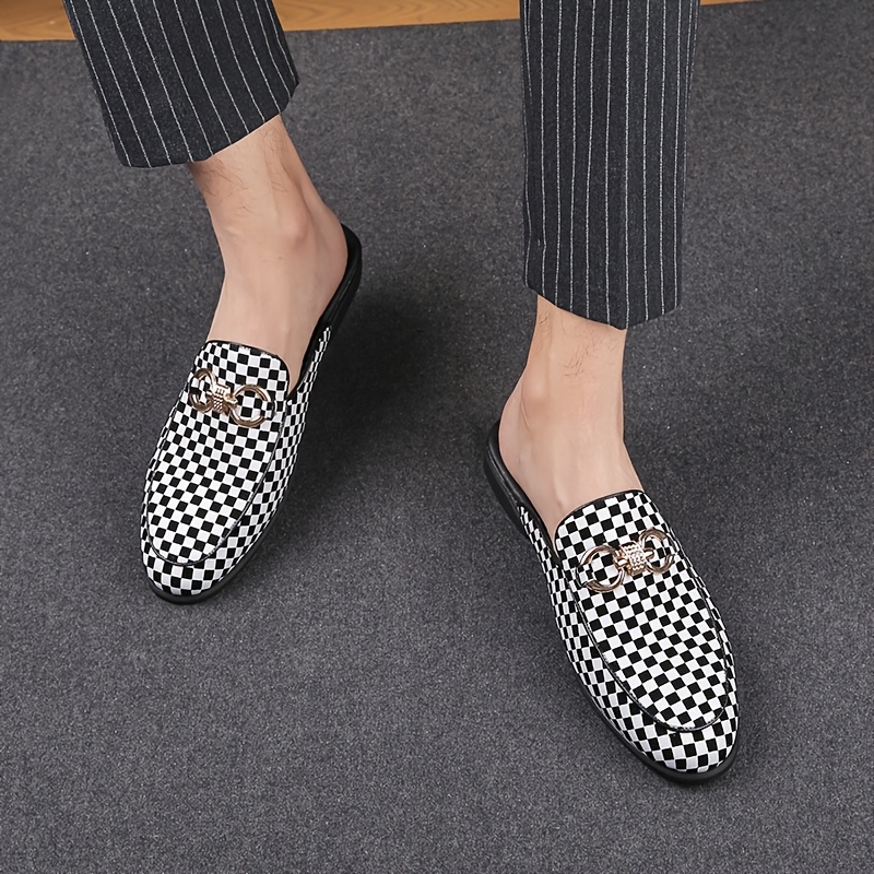 Men's British-Inspired Checkered Slip-On Loafers - Black & White Casual Shoes with Golden Accents, Breathable Rubber Sole for Spring/Summer, Easy Slip-On Design for Daily Wear & Leisure Activities, Classic Loafer Style, Comfortable Interior Lining