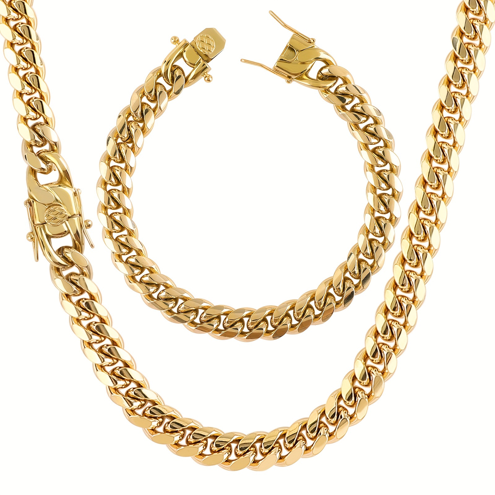 TEMU 2pcs Elegant & 18k Gold-plated Cuban Link Chain Set For Women - 10mm Stainless Steel With Lock Clasp, Necklace & Bracelet, Ideal For & Gifting