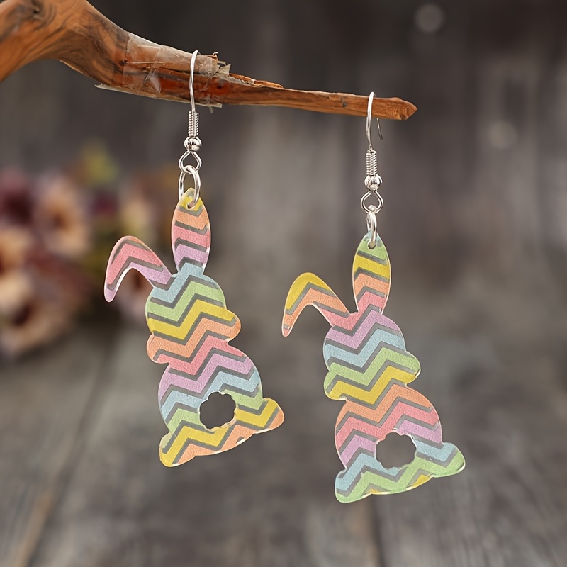 

1 Pair Vintage Style Easter Bunny Acrylic Earrings, Colorful Striped Print, Iron Post, Non-feather, Daily & Gift