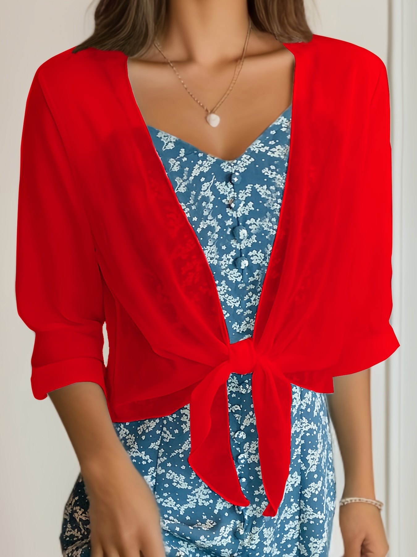 Women'S V-Neck Polyester Cardigan - Solid Color Half Sleeve Short Length with Lace-Up Detail, Non-Stretch Woven Fabric, Spring/Summer Lightweight Chiffon Sun-Protective Clothing