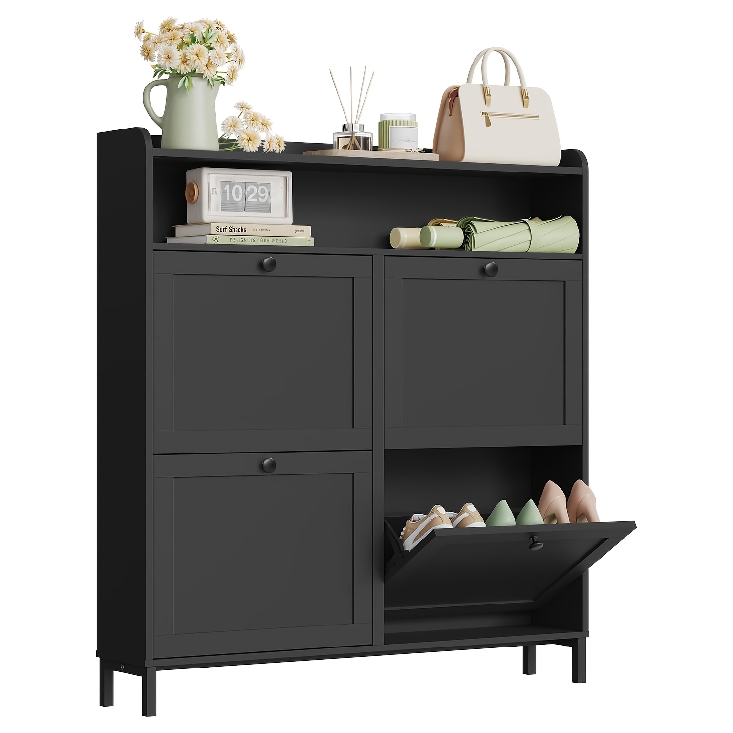 1pc Shoe Cabinet With 4 Flaps, Shoe Rack With Metal Round Handle, , Space- & , For 8-9 Pairs Of Shoes, Scratch-resistant, Made Of Wood, 100 X 107 X 19.5 Cm