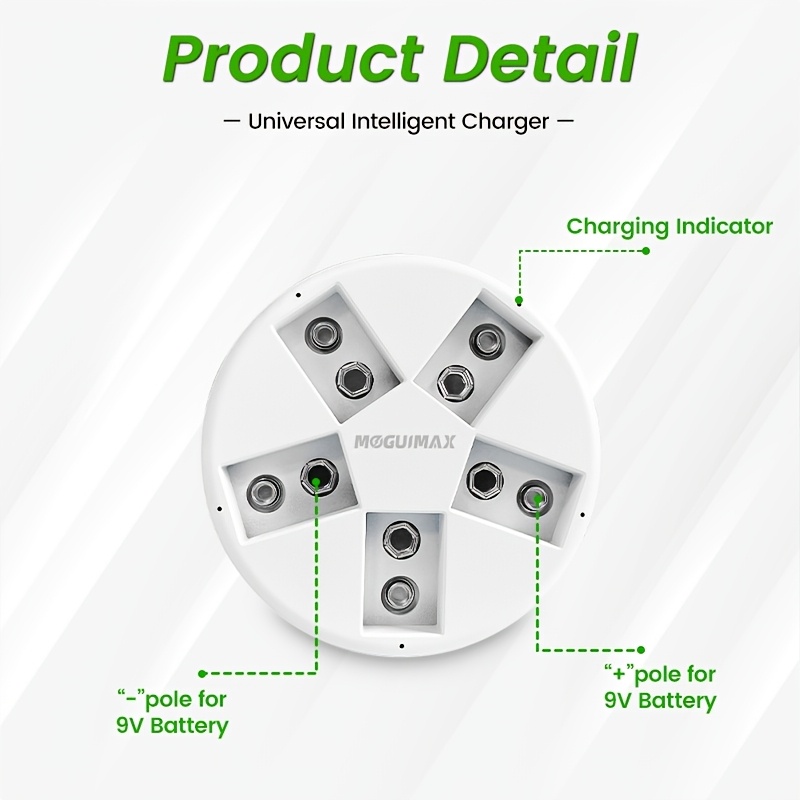 умное зарядное устройство moguimax на 5 слотов предназначено для батарей 9 в, позволяя заряжать одновременно до пяти перезаряжаемых батарей 9 в. включает в себя интеллектуальную функцию зарядки и индикатор зарядки батарей. Детали 0