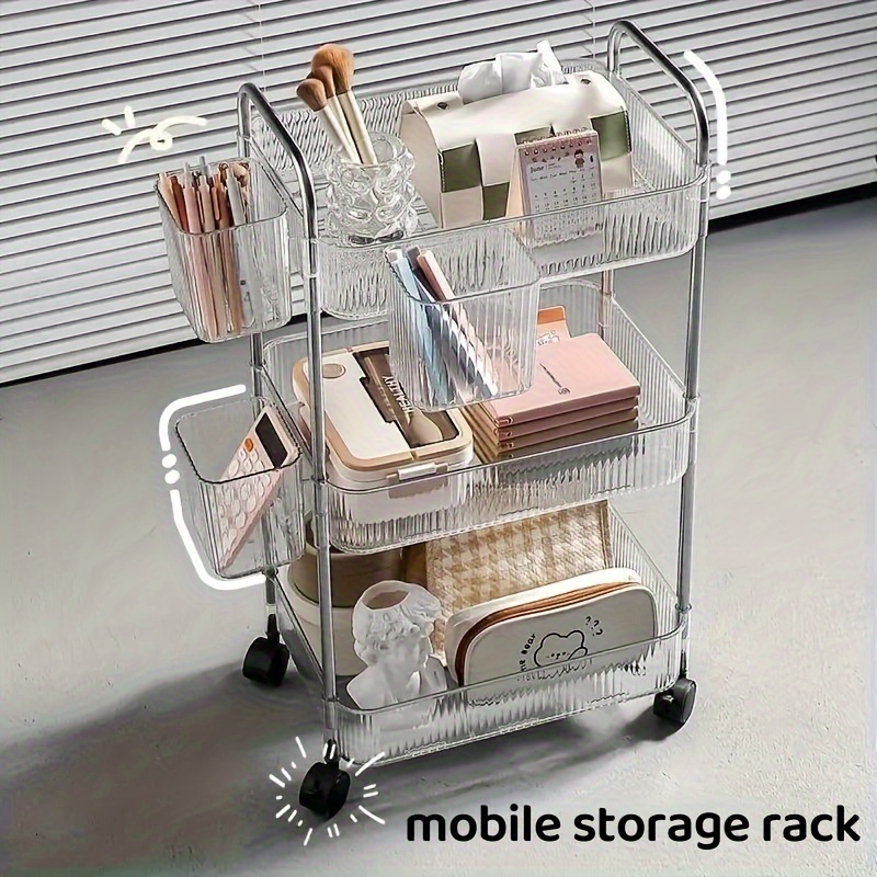 Deluxe 3/4 Tier Clear Storage Cart with Wheels - Multipurpose Rolling Organizer for Home And Office, Perfect for Bedroom, Living Room, Bathroom - Ideal for Cosmetics And Essentials, Utility Rack, Storage Racks,"Rolling Cart