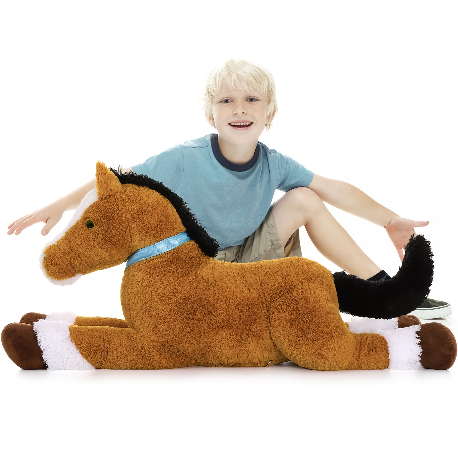 Image of Morismos 4ft Darkbrown Horse Stuffed Animals, 47inches Realistic Stuffed Pony Plush Toys For Ridding, Hugging Soft Horse Plush Body Pillow Christmas Birthday Gift For Boys Girls