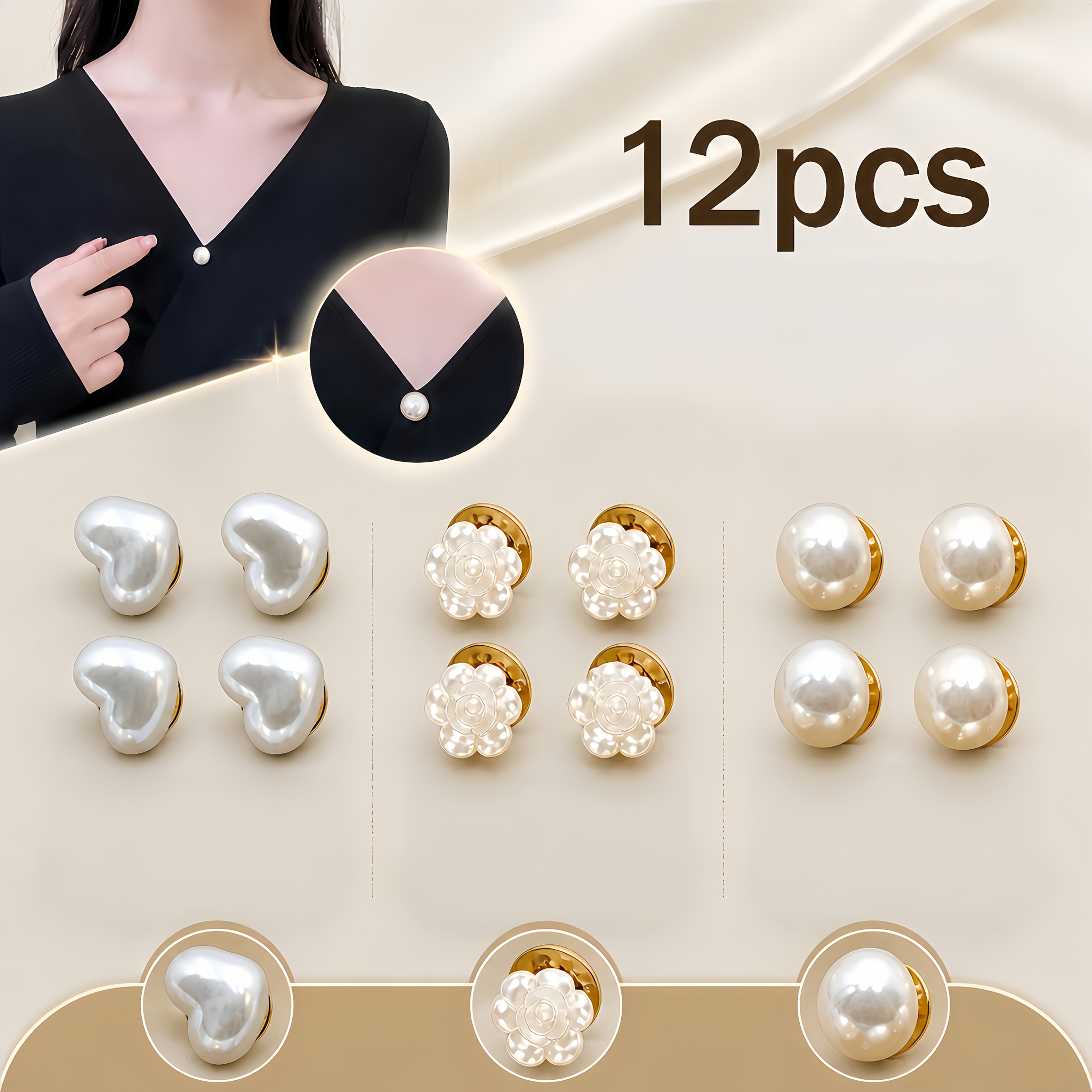 TEMU Bottoni a perla antisgancio senza cuciture, 12 pezzi, multi-stile per scollature, con design a cuore, e perla , bottoni invisibili senza chiodi,