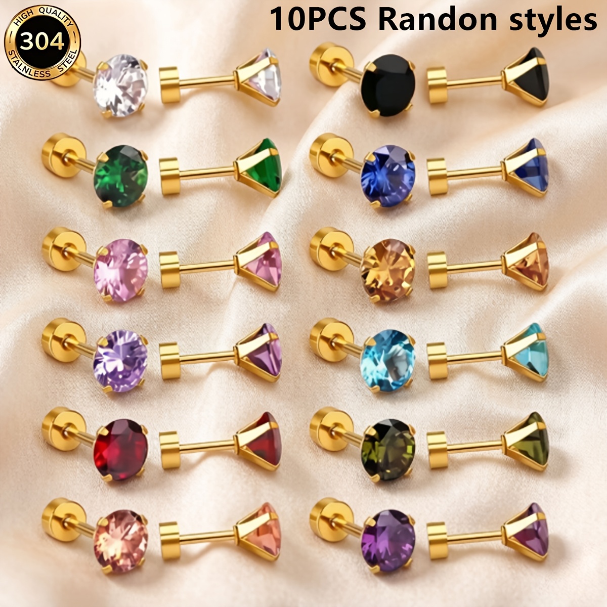 TEMU 2d Flat - 10pcs (5 Pairs)/set Random Styles, Stainless Steel 5mm 4-prong Round Cz Stud Earrings, Flat Back, Worn While Sleeping, Fashion Jewelry
