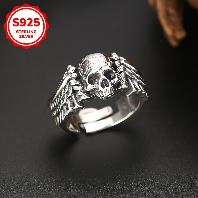 Image of 1pc S925 925 Silvery Plated Retro Skull Ring, Exquisite Unisex , High-quality Jewelry, Daily Wear Anniversary Jewelry, Perfect Halloween Gift Weighing About 10.1 Grams