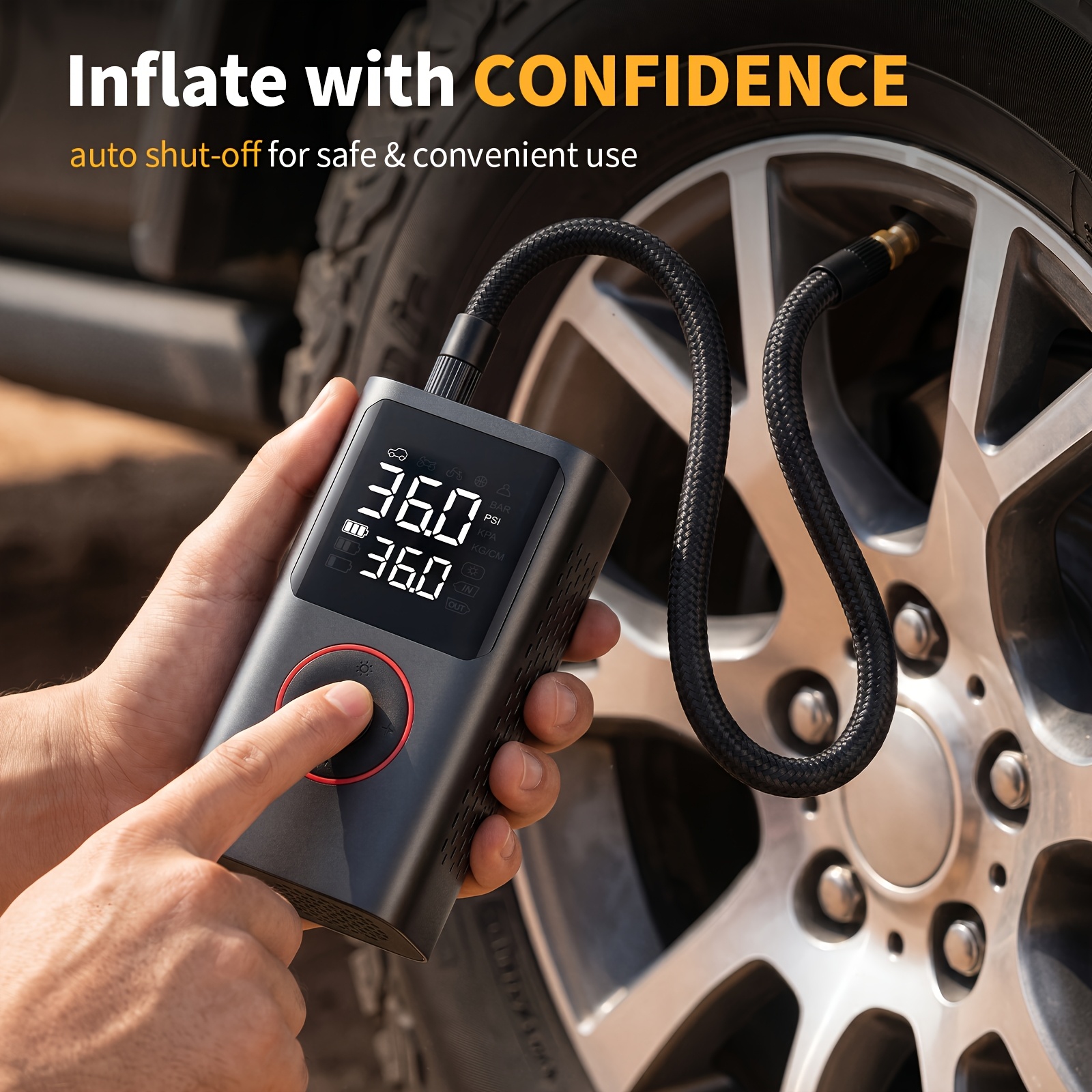 Portable Wireless Tire Inflator, 150PSI High-Pressure Air Compressor, 3x Faster Inflation, Digital Tire Pressure Display, 2000mAh X 2 High-Capacity Batteries, Auto-Stop When Full, Built-in LED Light, Multi-Function Inflation Nozzle