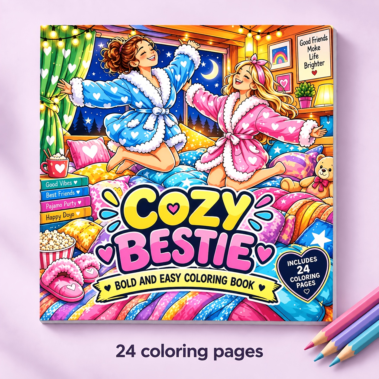 TEMU 1pc Cozy Best Friend Coloring Book, 24 Pages Thick Line Single-sided Design, Featuring Party Bedtime Scenes, Soft Warm Bedroom Atmosphere And