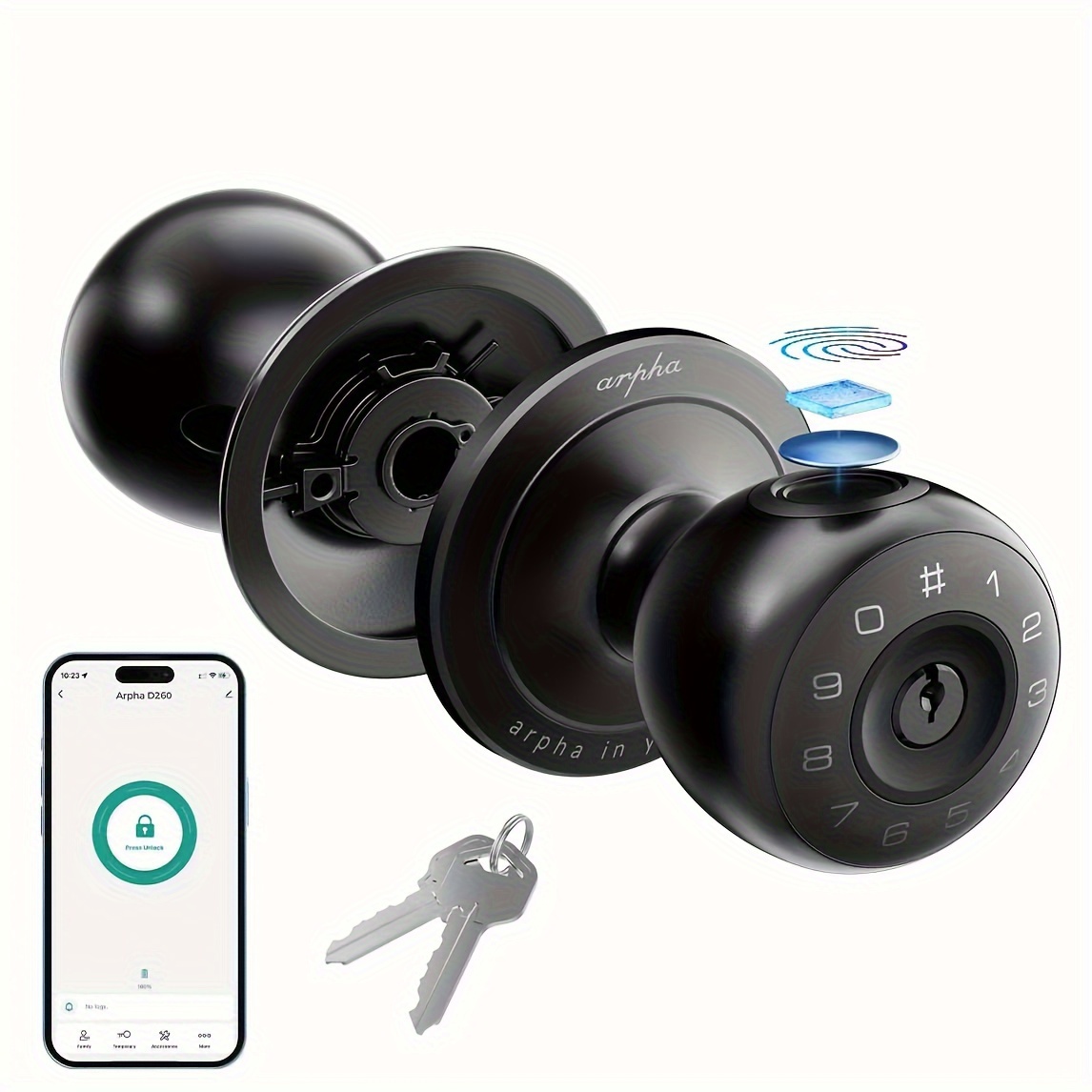 

Arpha 10 Key , Codes, , Biometric Knobs , App Wireless Connection, , -peeping , Battery Operated, , Suitable For , , Apartment Offices And Garages