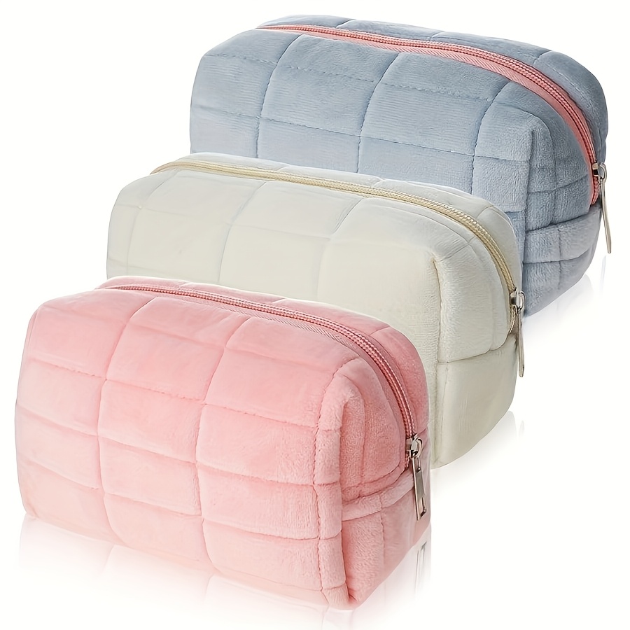 TEMU 3pcs Storage Set In Pink, Blue, And White, Plaid Makeup Bag, Travel Cosmetic Bag With Large Zipper, Suitable For Travel And Daily Storage,