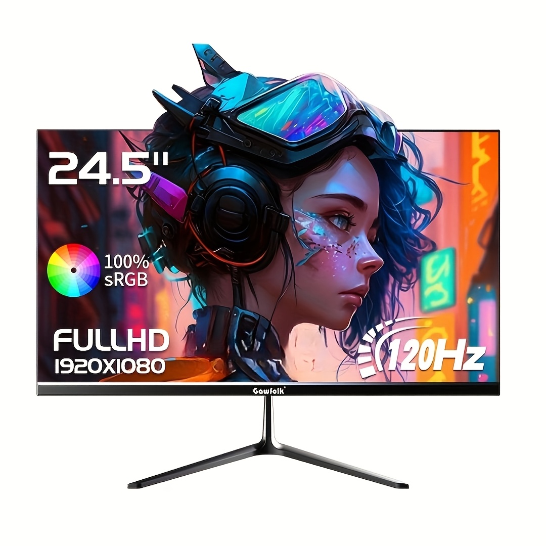 Image of Gawfolk 24.5- Inch Pc Screen, Curved() 120hz Gaming Monitor With Built- In Speakers Fhd 1080p 1ms Bezel- Less, 98% Srgb, 178° Wide Angle, Hdtv Vga, Compatible With Wall Mounted Vesa 75*75mm - Black