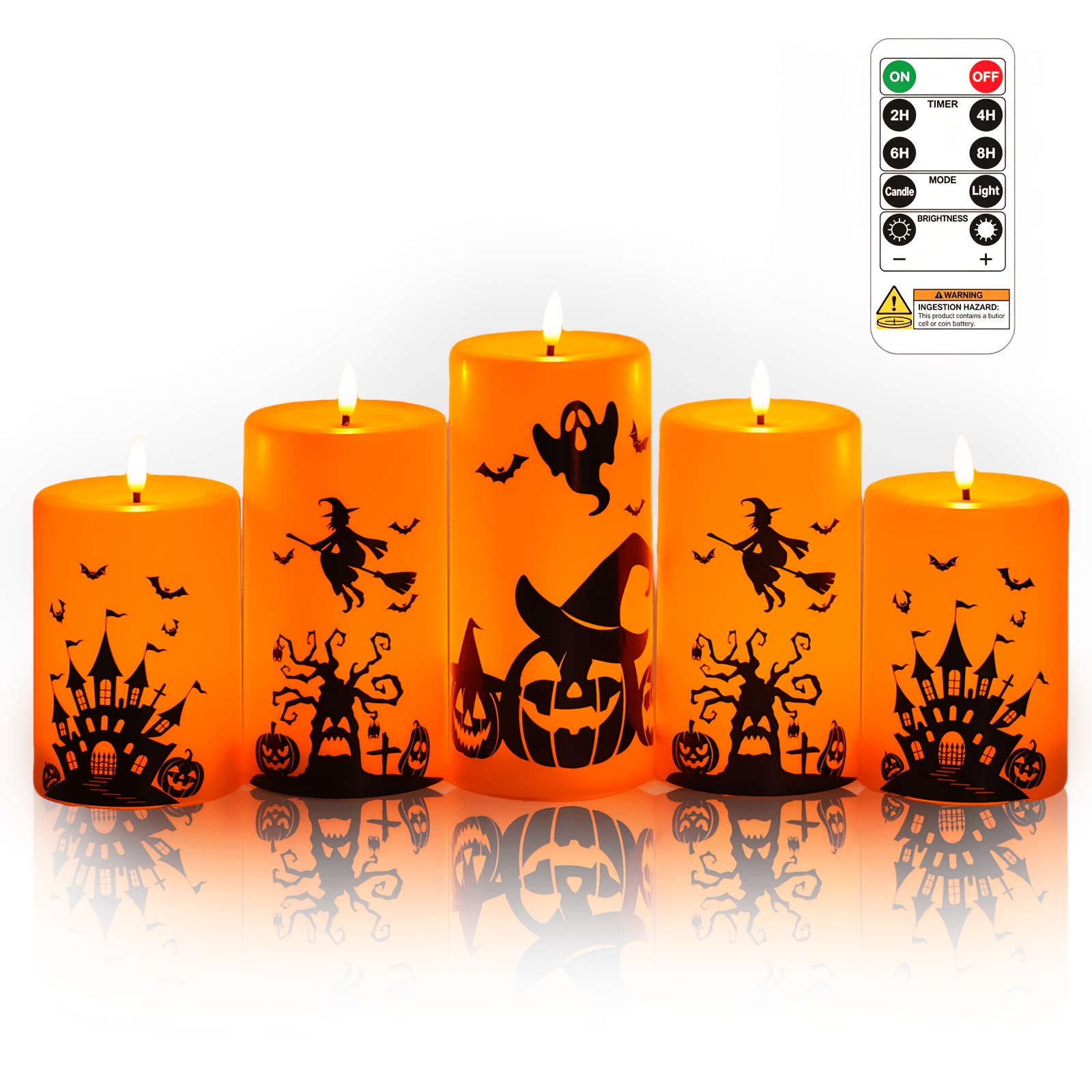 Image of Jinyania 5 Pack Halloween Flameless Led Pillar Candles, Flat Top With Remote Timer Dimmable Warm , Battery Operated For Indoor Halloween Party, Table Centerpiece & Home Decor